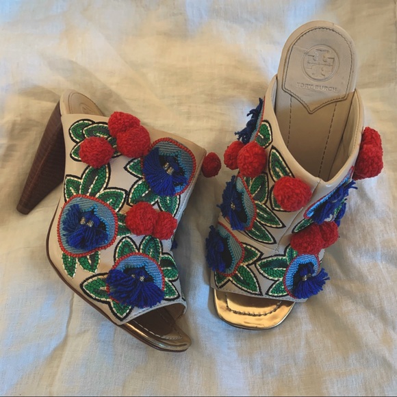 Tory Burch Ellis Embroidered Pom Pom Mules Heels - Picture 4 of 10